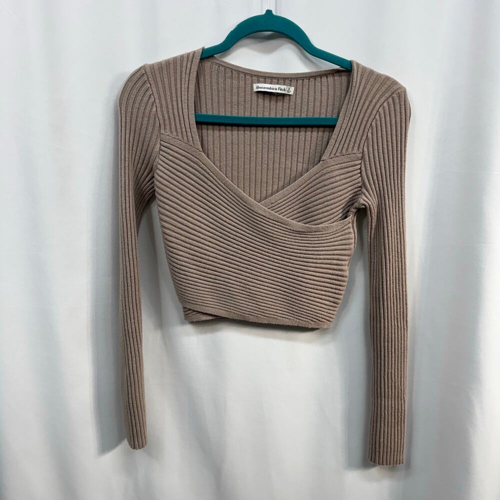 Abercrombie & Fitch Faux Wrap Cropped Ribbed Sweater Beige Tan Small